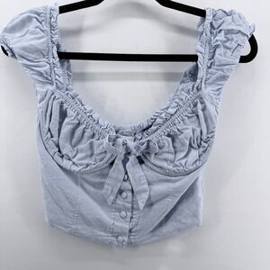 PRINCESS POLLY Light Blue Puff Sleeve Tie Front Elouise Linen Crop Top Size 6